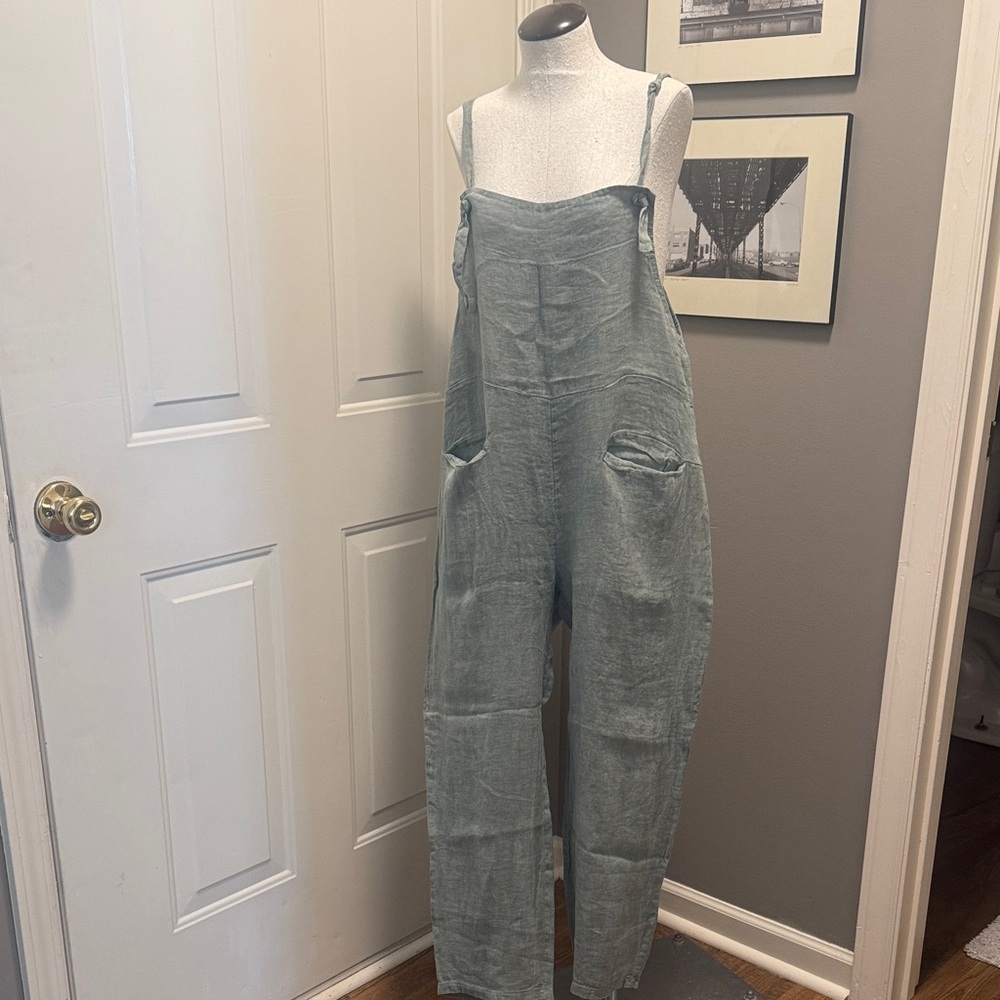 Nina Kendosa Green Linen Overalls